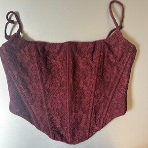 white fox cropped corset top in burgundy